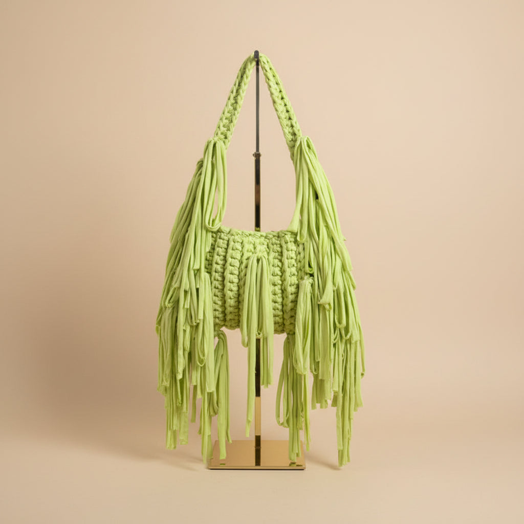 A light green handbag with a chunky woven body and long fringe detail