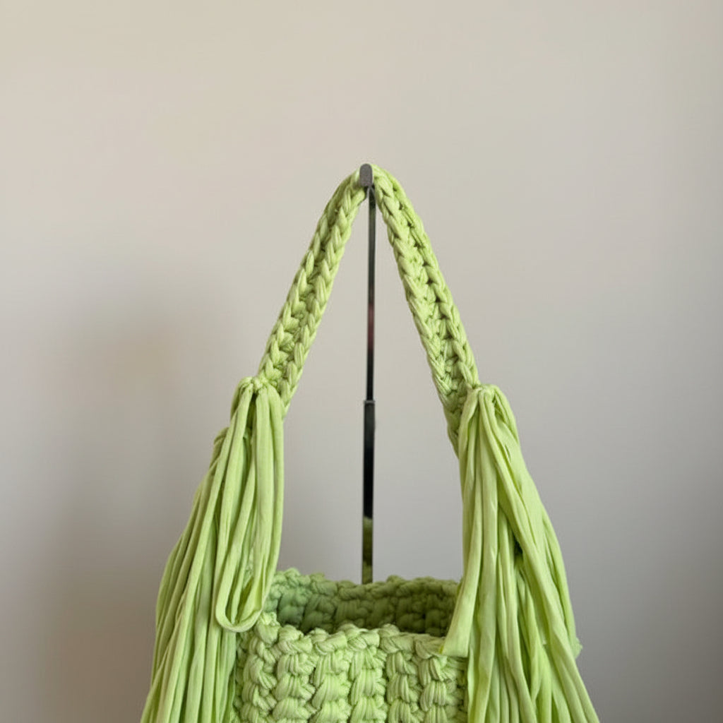 A light green chunky crochet bag with braided shoulder straps and long fringe tassels.
