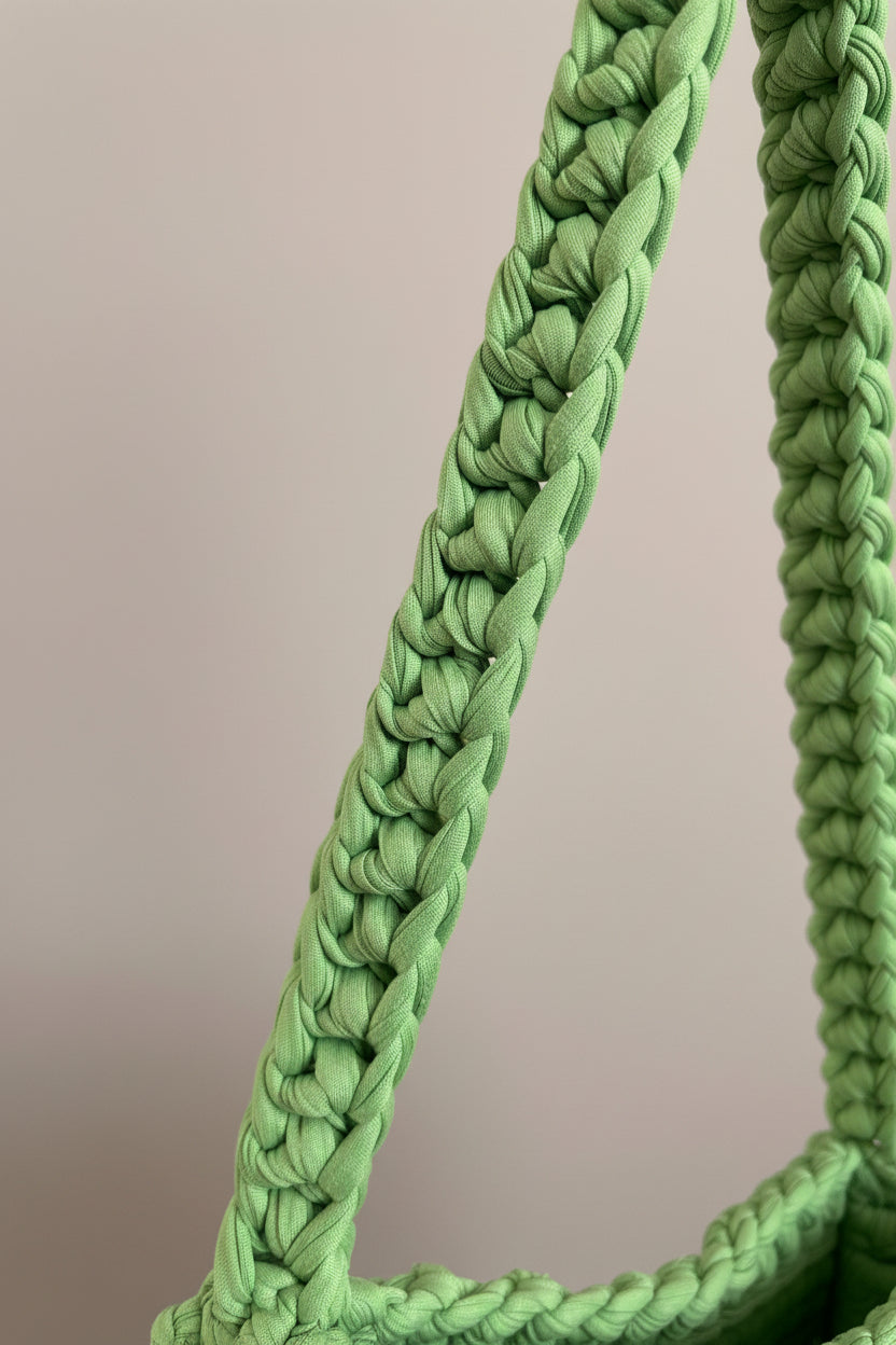 A close-up of a mint green braided fabric strap 