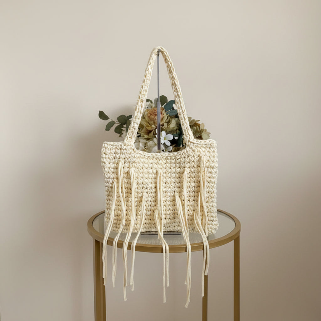 A butter yellow crocheted tote bag with long fringe details