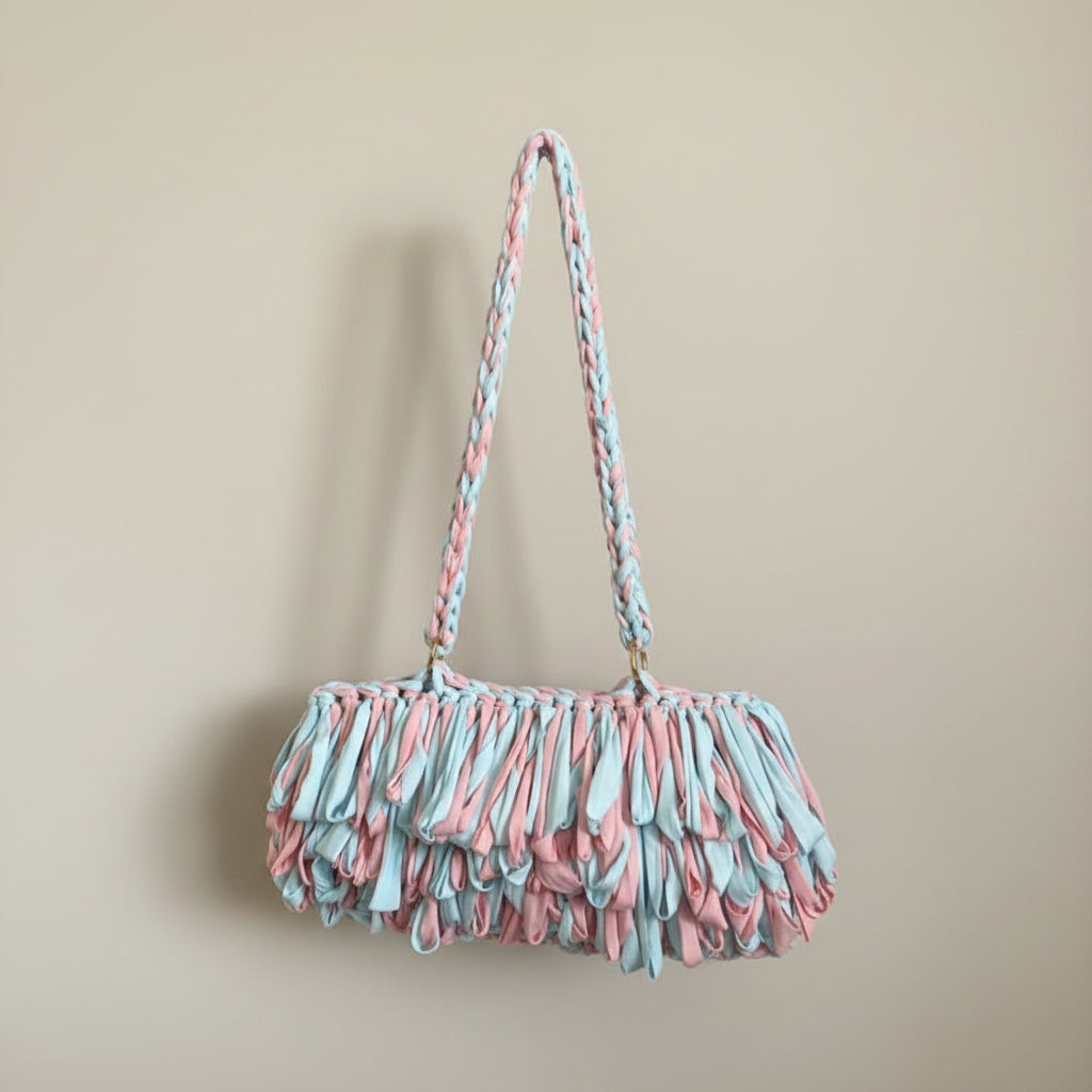 A handmade shoulder bag made from pink and light blue fabric strips, featuring braided handles and a fringed body