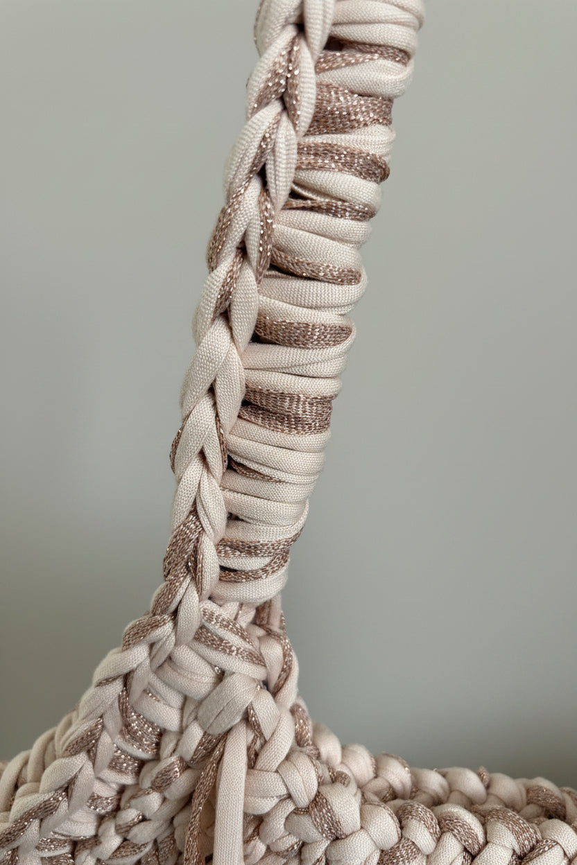 Close-up of a chunky braided shoulder bag handle in a soft beige and champagne glitter 